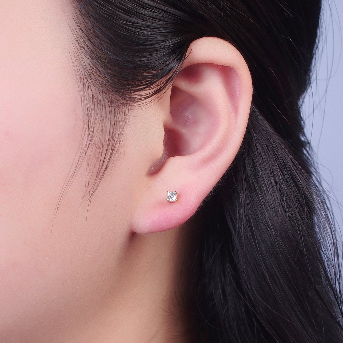 Dainty Gold 3mm, 4mm, 4.4mm Round Clear Cubic Zirconia CZ Stud Earrings P-432 P-433 P-434