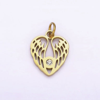 Dainty Gold Angel Wing Charm in Stainless Steel Heart Pendant P-879
