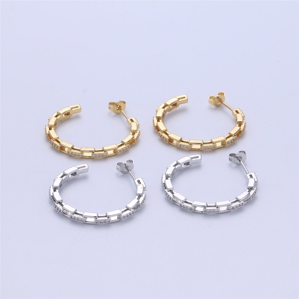 Dainty Gold Chain Earring- Curb Chain Earring - Micro Pave Thin Earring - Gold Filled Hoop Ring - Minimalist Jewelry - Silver Link Earring Q-537 Q-538