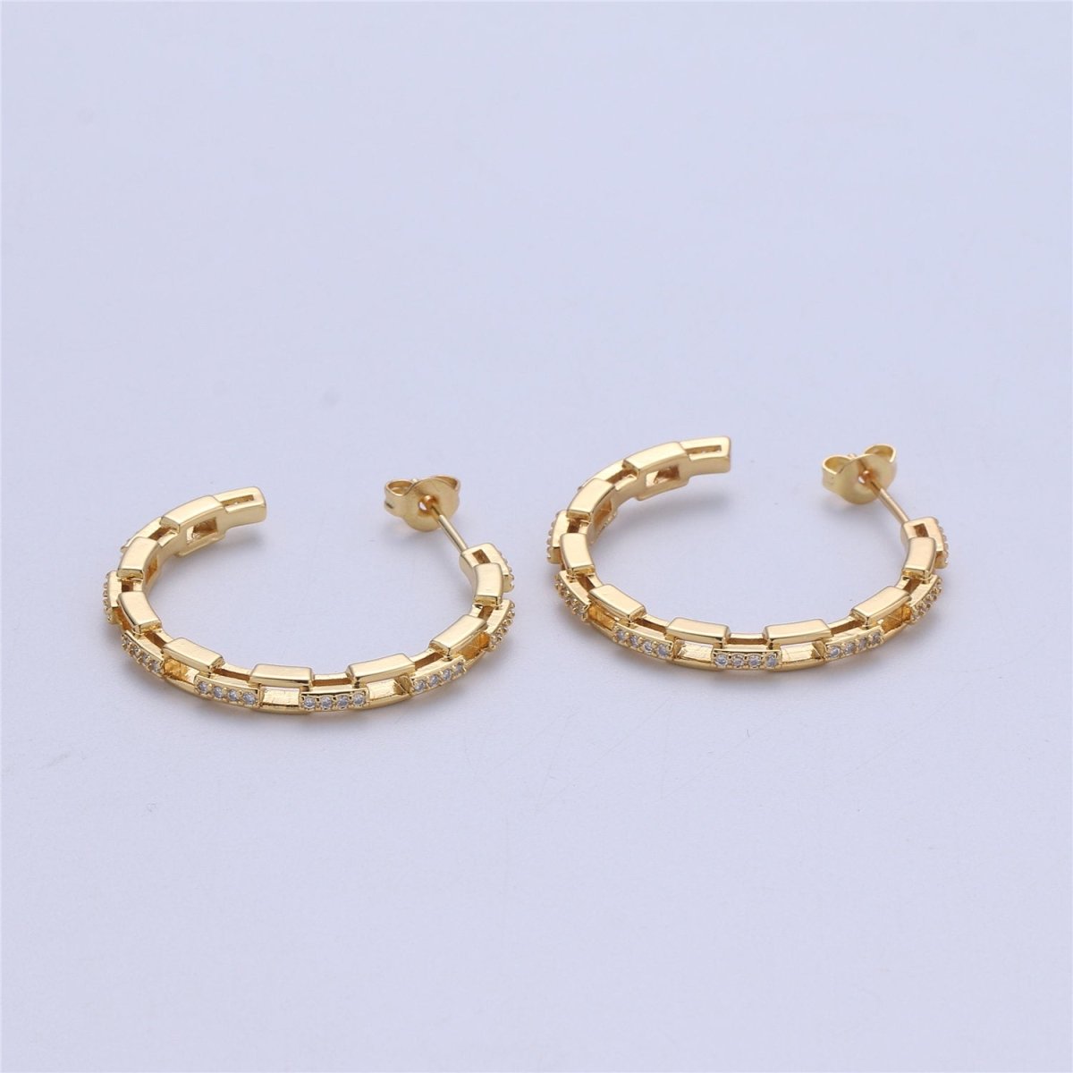 Dainty Gold Chain Earring- Curb Chain Earring - Micro Pave Thin Earring - Gold Filled Hoop Ring - Minimalist Jewelry - Silver Link Earring Q-537 Q-538
