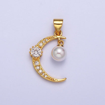 Dainty Gold Crescent Moon Charm with Pearl for Necklace Pendant X-697