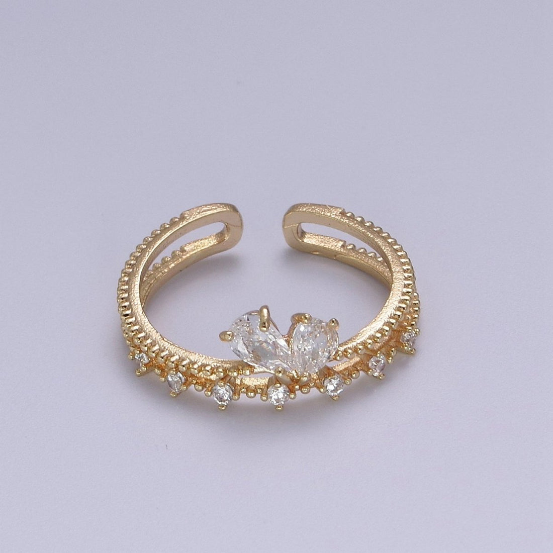 Dainty Gold Double Band CZ Ring Open Adjustable Stackable Ring for Minimalist Jewelry S-374