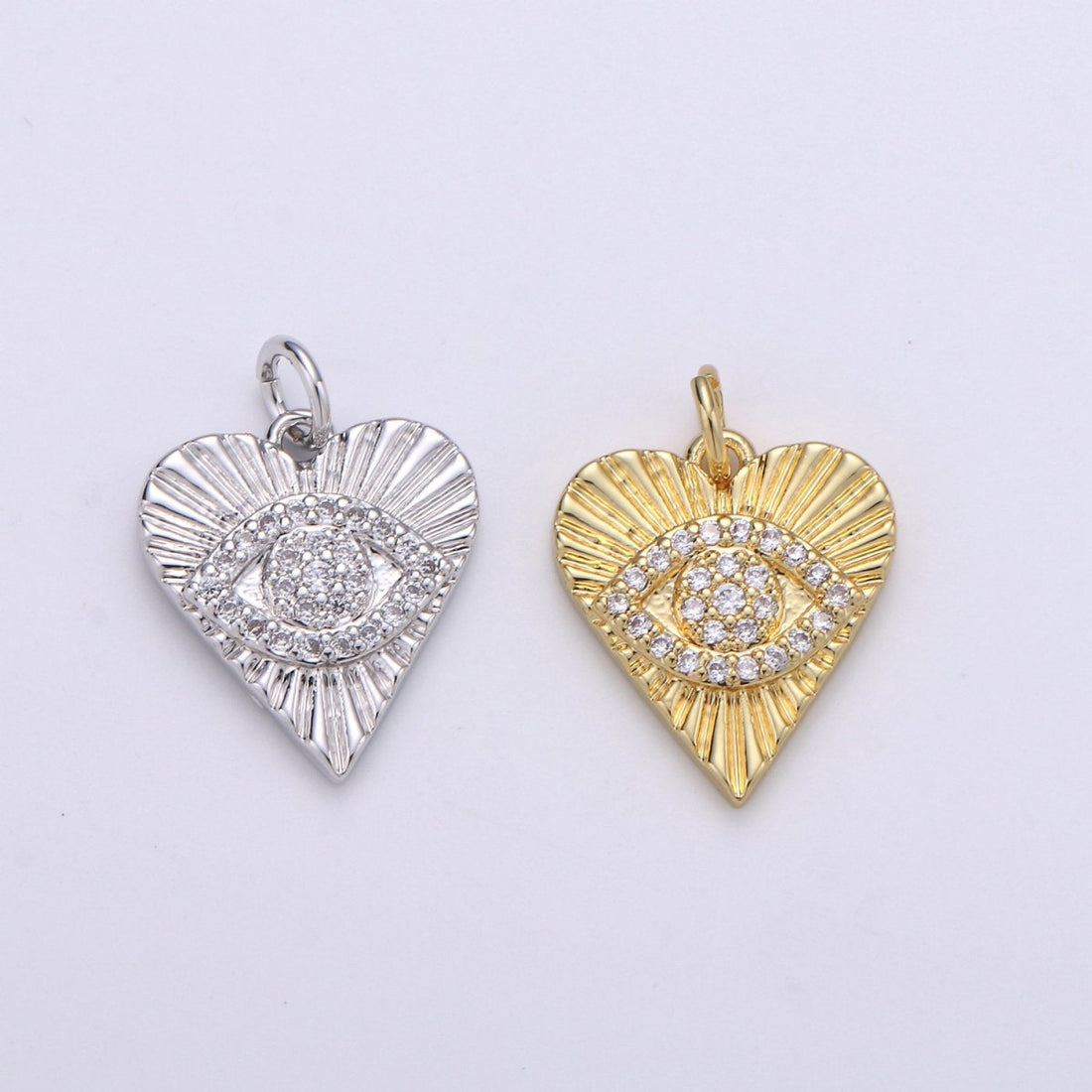 Dainty Gold Eye Charm 14k Gold Filled Silver Evil Eye Charm, Cubic Zirconia Love Charm, Medallion Heart Jewelry, Micro Pave Sun Burst Charm D-674 D-675