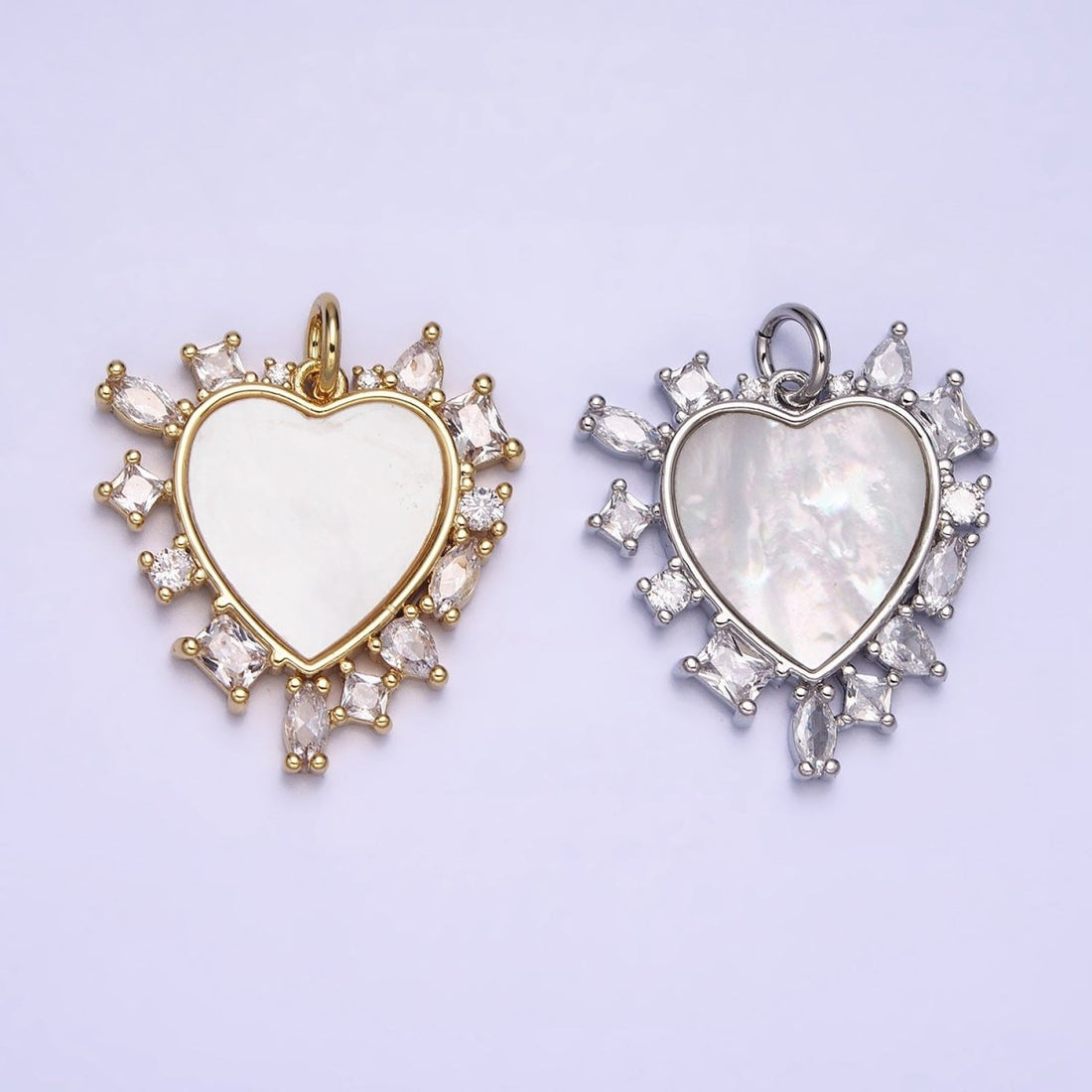 Dainty Gold Filled Heart Shell Pearl Charm with Geometric Zirconia Stone for Minimalist Jewelry Charm in Gold &amp; Silver AC454 AC455