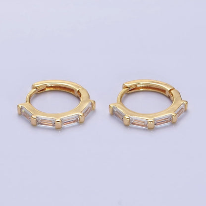 Dainty Gold Huggie Earring with Clear Baguette CZ Stone Lever Back Earing AB664