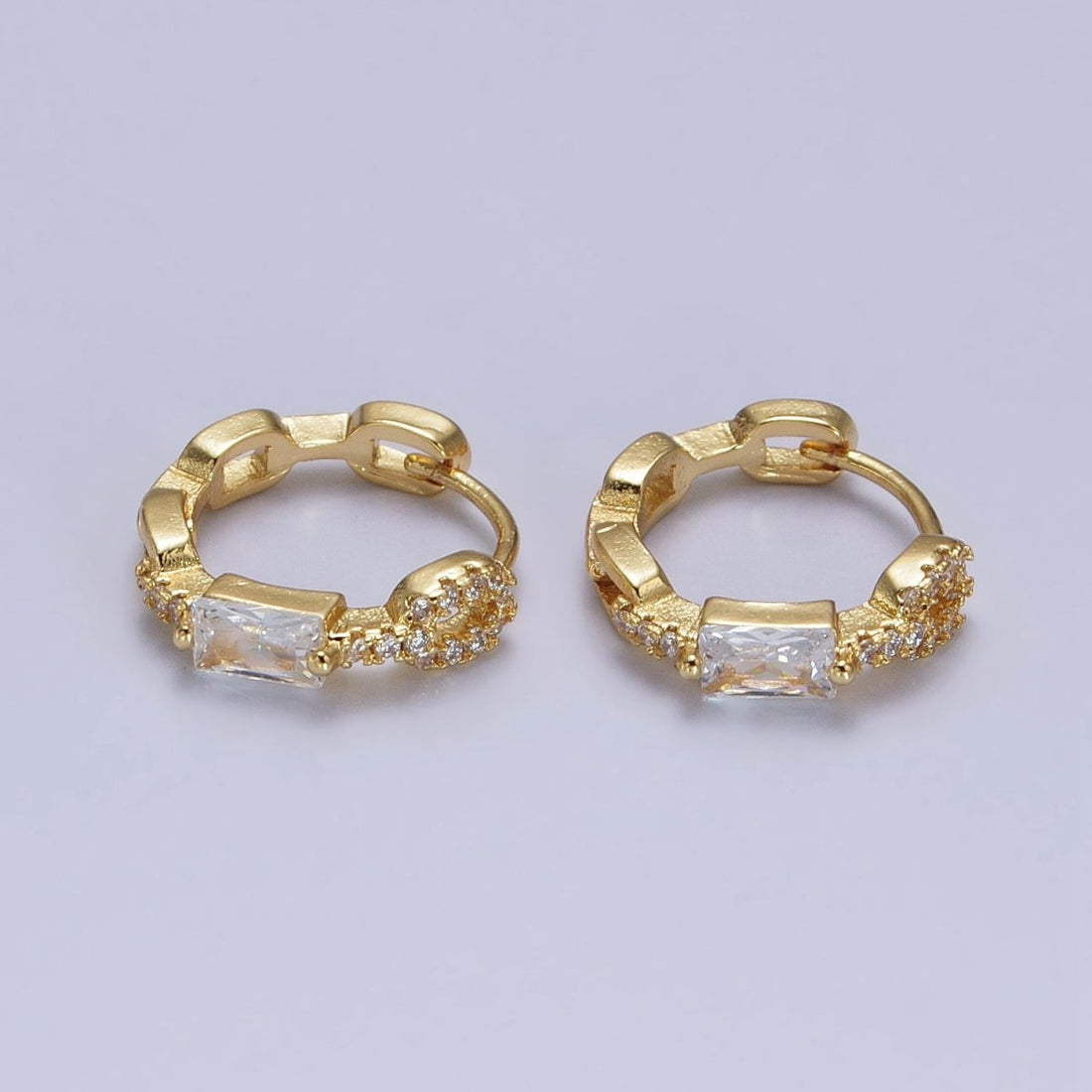 Dainty Gold Huggie Earrings Emerald Cut Cz Diamond Hoops Minimalist Jewelry AB194
