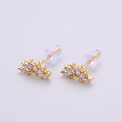 Dainty Gold Marquise Cluster Stud Earrings, Marquise Fan Stud, Gold Crown Stud, Gold Earring Minimalist Geometric Design for Christmas gift Q-292