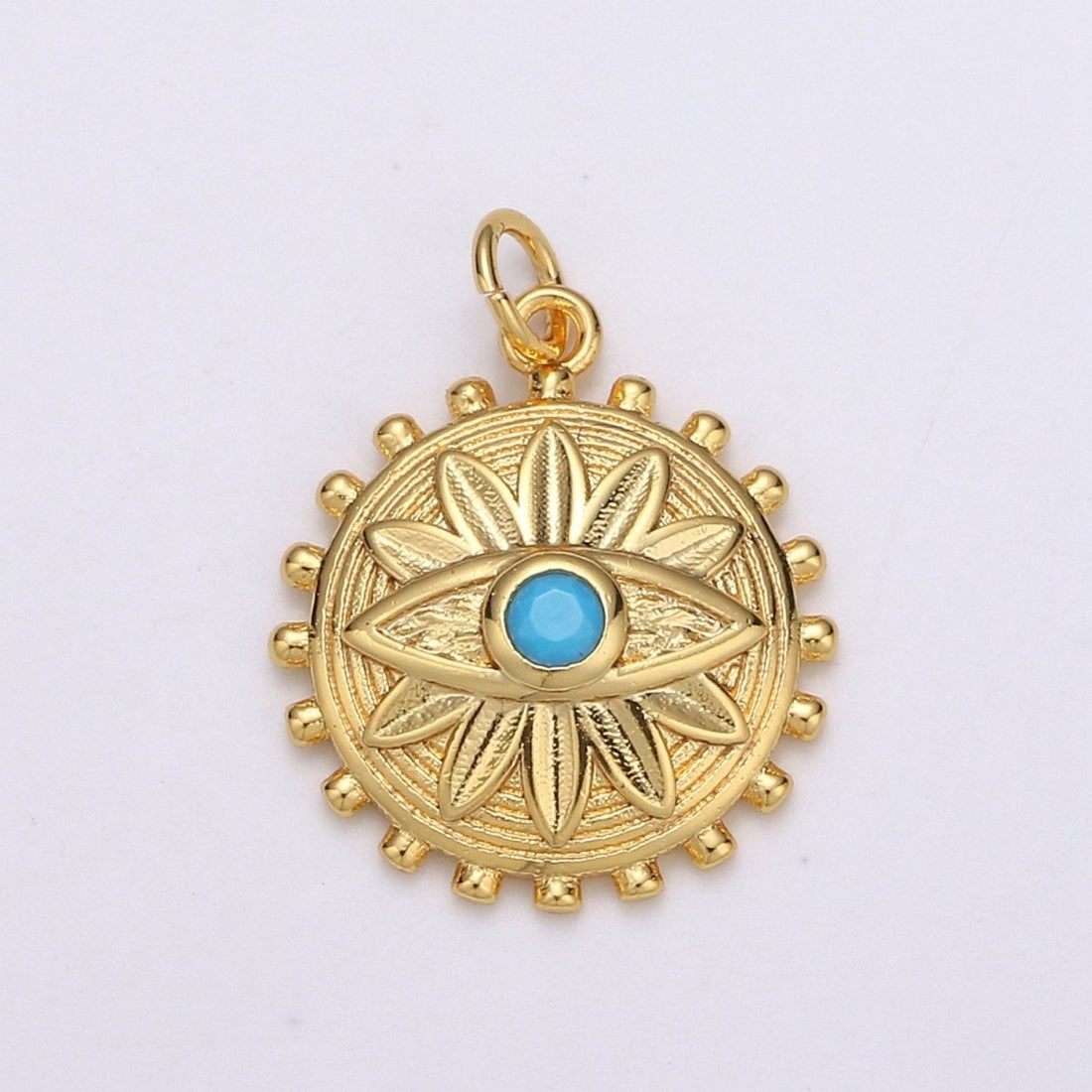 Dainty Gold Medallion Charm 14k Gold Filled Evil Eye Charm, Cubic Zirconia Amulet Charm, Turquoise Jewelry, Micro Pave Lotus Bohemian D-724