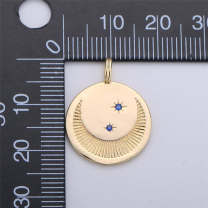 Dainty Gold Moon and Star Medallion Pendant - 18k gold Filled Crescent Moon Round Disc Charm Necklace Pendant C-697