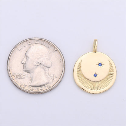 Dainty Gold Moon and Star Medallion Pendant - 18k gold Filled Crescent Moon Round Disc Charm Necklace Pendant C-697