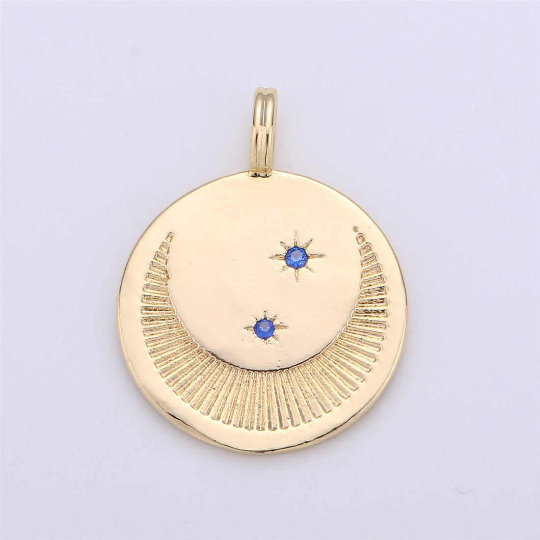 Dainty Gold Moon and Star Medallion Pendant - 18k gold Filled Crescent Moon Round Disc Charm Necklace Pendant C-697