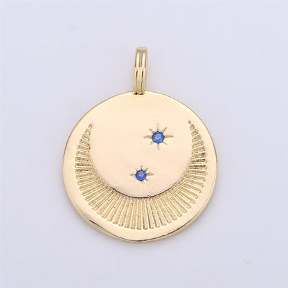 Dainty Gold Moon and Star Medallion Pendant - 18k gold Filled Crescent Moon Round Disc Charm Necklace Pendant C-697