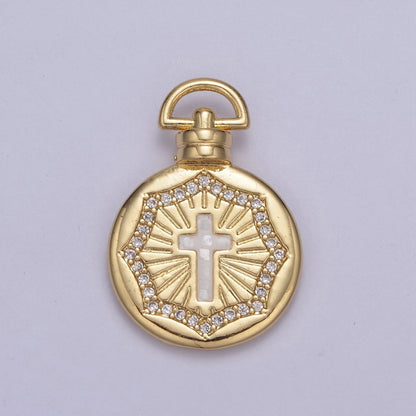 Dainty Gold Pink Shell Cross Pendant Micro Pave Round Medallion Pink / White Shell Religious Jewelry Making H-613 H-618