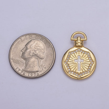 Dainty Gold Pink Shell Cross Pendant Micro Pave Round Medallion Pink / White Shell Religious Jewelry Making H-613 H-618