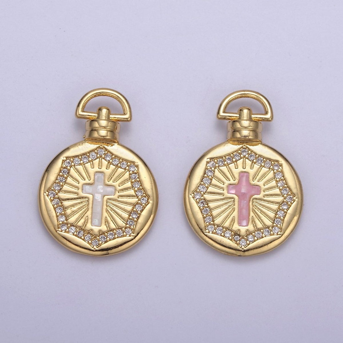 Dainty Gold Pink Shell Cross Pendant Micro Pave Round Medallion Pink / White Shell Religious Jewelry Making H-613 H-618