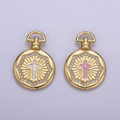 Dainty Gold Pink Shell Cross Pendant Micro Pave Round Medallion Pink / White Shell Religious Jewelry Making H-613 H-618
