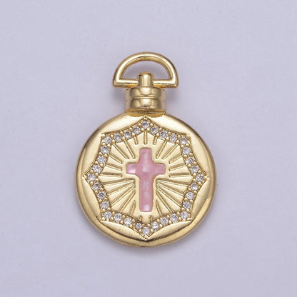 Dainty Gold Pink Shell Cross Pendant Micro Pave Round Medallion Pink / White Shell Religious Jewelry Making H-613 H-618