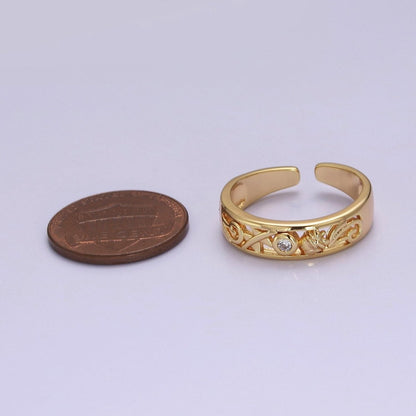Dainty Gold Ring Carved Art with Round Bezel Cut Cz Stone O-2082
