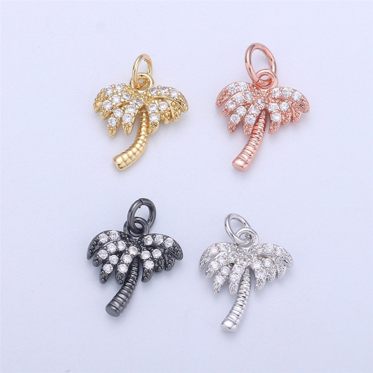 Dainty Gold, Rose Gold, Black, Silver Palm Tree Charm - Pendant, Micro Pave Cubic CZ Crystal Pendant Gold filled, C-841