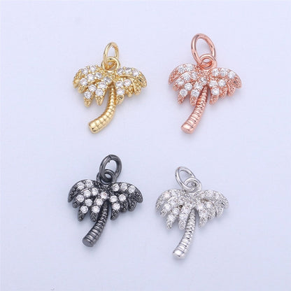 Dainty Gold, Rose Gold, Black, Silver Palm Tree Charm - Pendant, Micro Pave Cubic CZ Crystal Pendant Gold filled, C-841