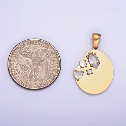 Dainty Gold Stainless Steel Abstract Coin Charm with Clear Crystal cz Stone  | P1395