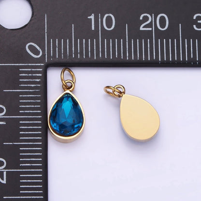 Dainty Gold Stainless Steel Blue Teardrop Crystal Charm | P1406