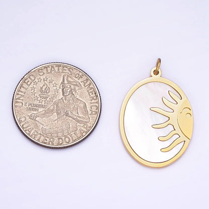 Dainty Gold Stainless Steel Oval Pearl Sun Charm Double Sided Pendant| P1399