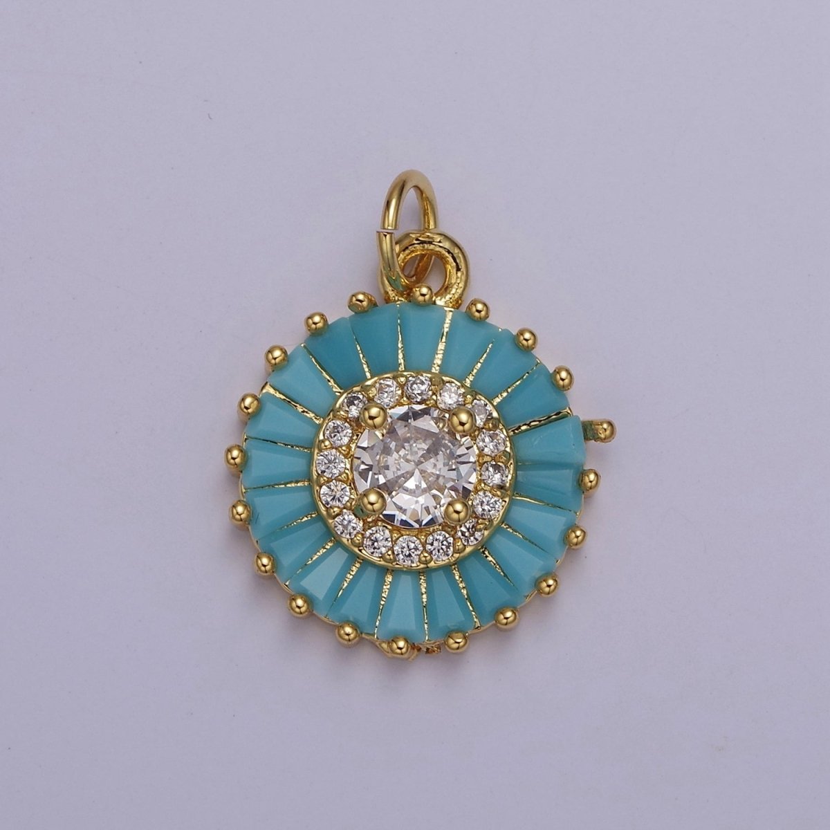 Dainty Green, Pink, Clear, Teal Cubic Zirconia Sun Charm Round Circle Disc CZ Charm for Add on Charm E-720 E-721 E-722 E-723 E-724