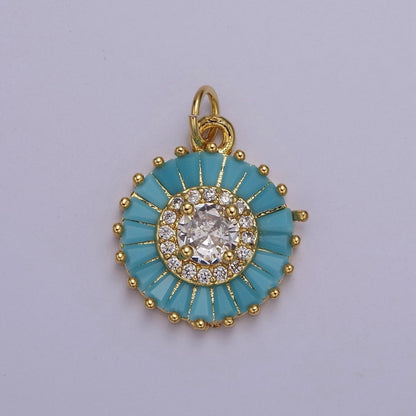 Dainty Green, Pink, Clear, Teal Cubic Zirconia Sun Charm Round Circle Disc CZ Charm for Add on Charm E-720 E-721 E-722 E-723 E-724