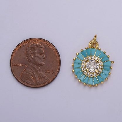 Dainty Green, Pink, Clear, Teal Cubic Zirconia Sun Charm Round Circle Disc CZ Charm for Add on Charm E-720 E-721 E-722 E-723 E-724