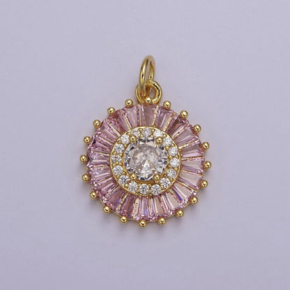 Dainty Green, Pink, Clear, Teal Cubic Zirconia Sun Charm Round Circle Disc CZ Charm for Add on Charm E-720 E-721 E-722 E-723 E-724