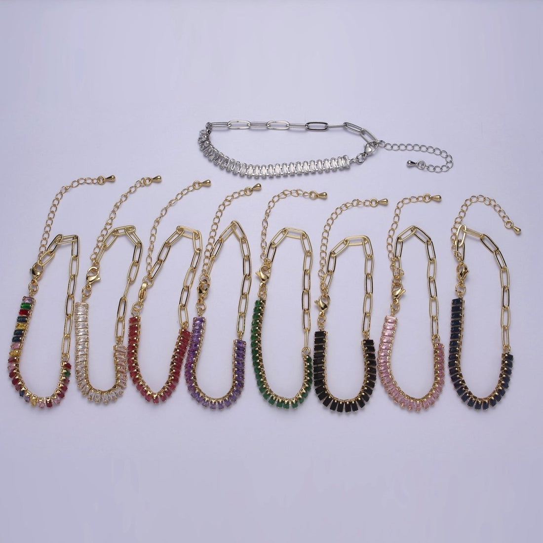 Dainty Half Baguette Tennis Half Paperclip Bracelet Gold Filled Tennis Bracelet, Cubic Zirconia Fusion Bracelet | WA-839 to WA-852 Clearance Pricing