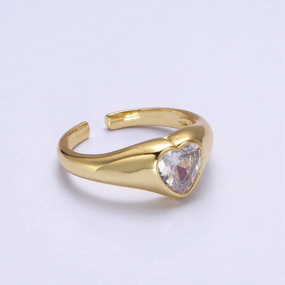 Dainty Heart Signet Ring with Zirconia Stone Open Adjustable Ring O-003