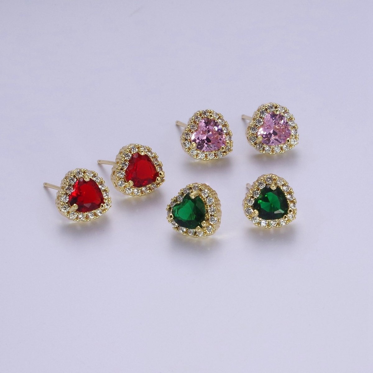 Dainty Heart Stud Earring Red Green Purple Pink CZ Stone V-178 V-180