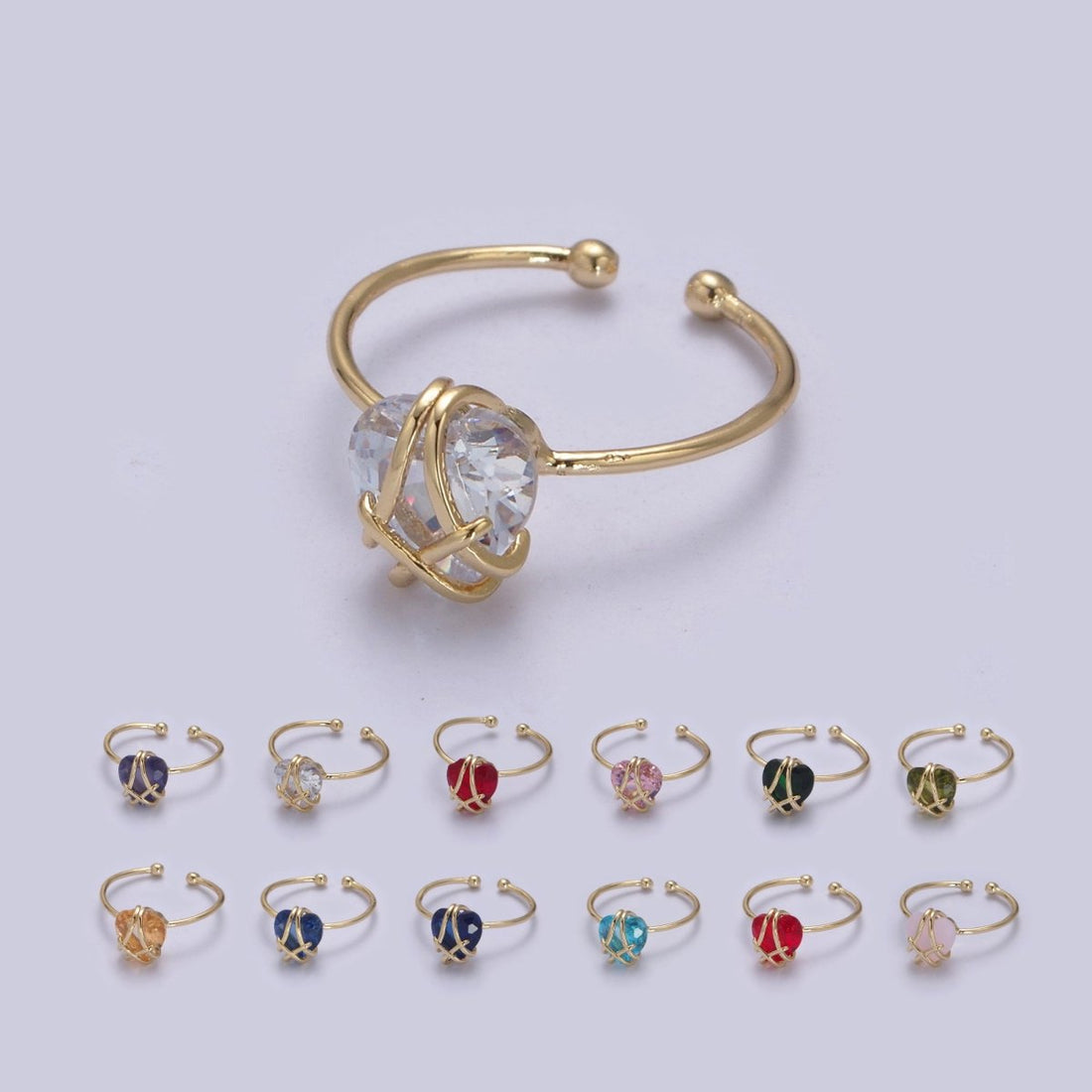 Dainty Heart Wrapped Rings Crystal Zirconia 16K Gold Filled Birthstone Ring Adjustable Stacking Ring U-352 ~ U-362 O-491
