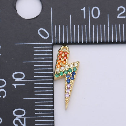 Dainty Lightning Charm w/ Rainbow Micro Pave Cubic Stone Charm Thunder Charm Bolt Lightning Charm, C-660