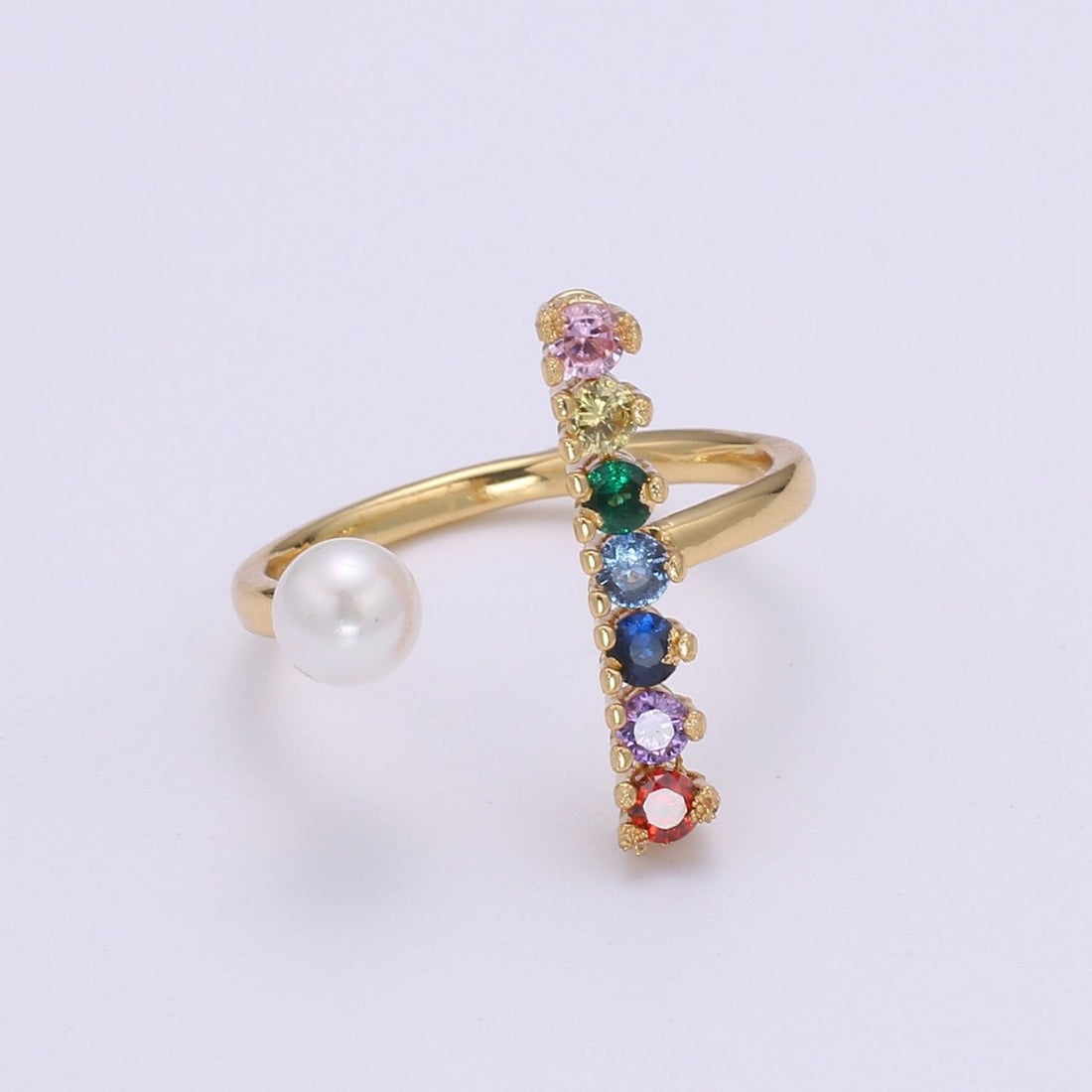 Dainty Micro Pave ring Open Adjustable Ring band Stacking ring Rainbow Gold ring Colorful Bridesmaid ring Pearl Wedding jewelry O-294