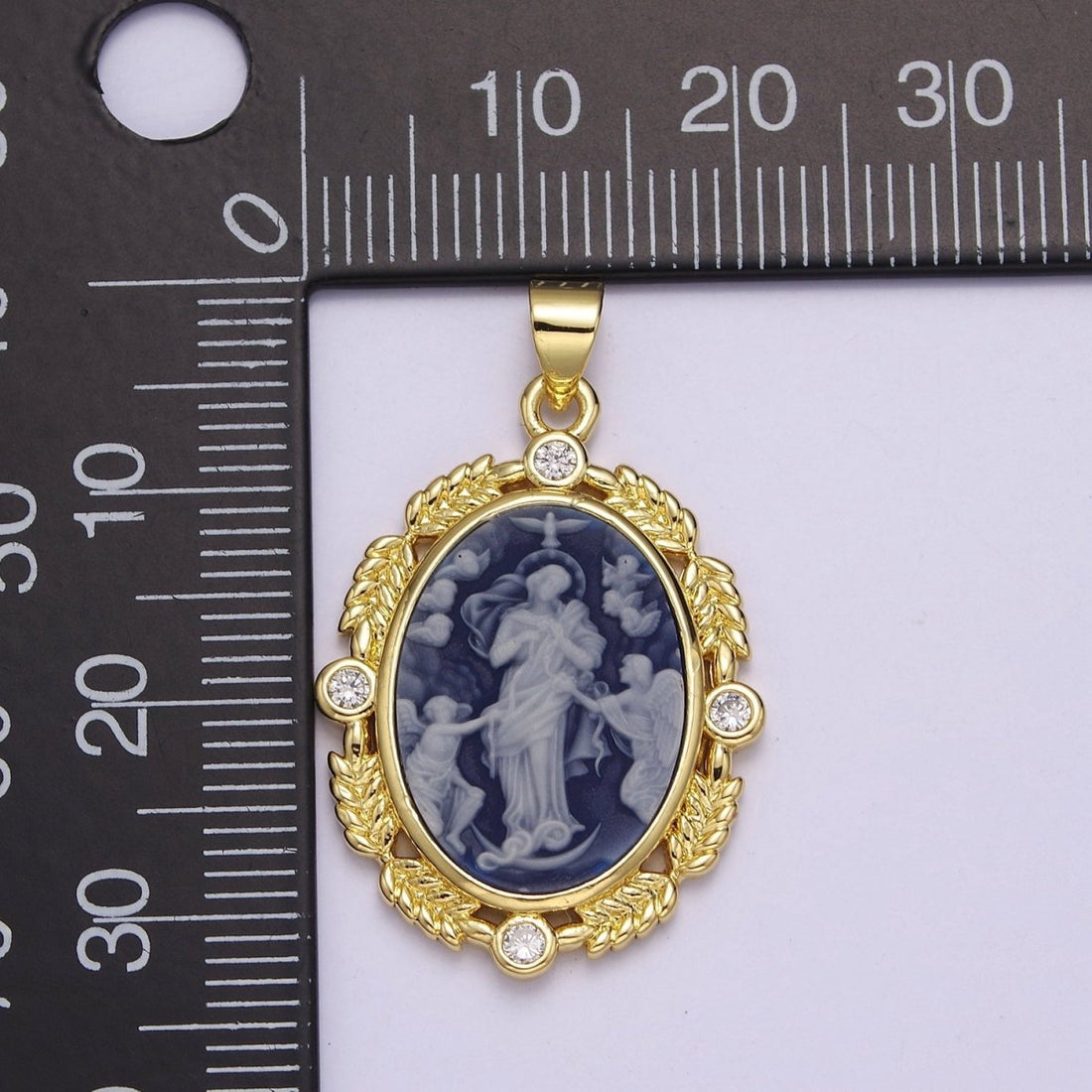 Dainty Micro Pave Vintage Blue Agate Jesus pendant Angel cameo jewelry Charm Necklace J-327