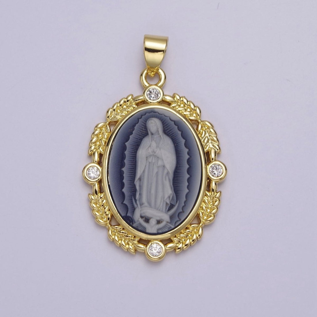 Dainty Micro Pave Vintage Blue Agate Virgin Mary pendant Lady Guadalupe cameo jewelry Charm Necklace J-185