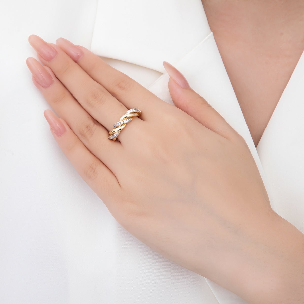 Dainty Mix Metal Gold Braided Ring with CZ Elegant Twist Band Adjustable O-2114