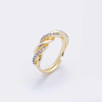 Dainty Mix Metal Gold Braided Ring with CZ Elegant Twist Band Adjustable O-2114