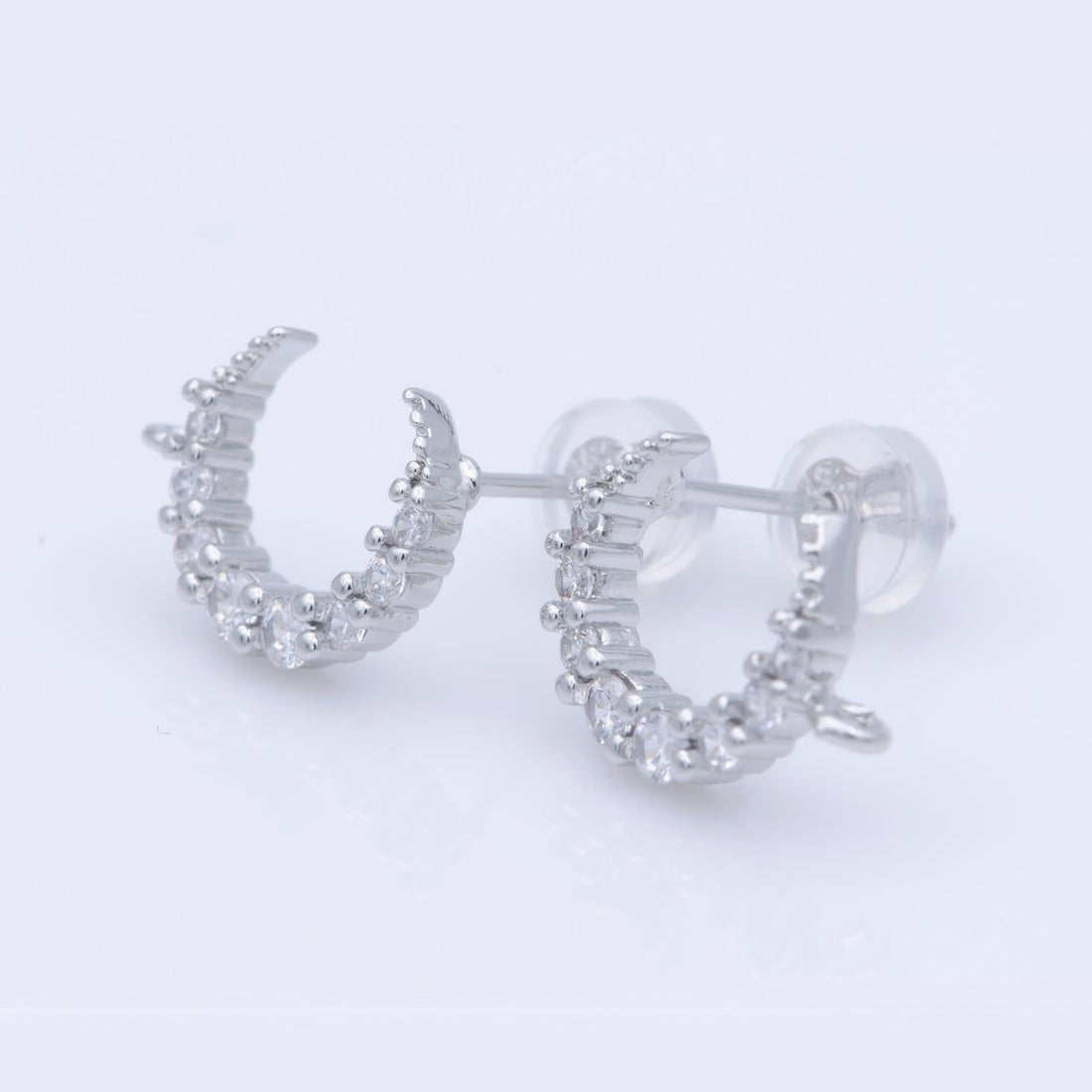 Dainty Moon Post Earring, Micro Pave Moon Stud with Open Link for Earring Jewelry Supplies Component in Silver Filled K-256