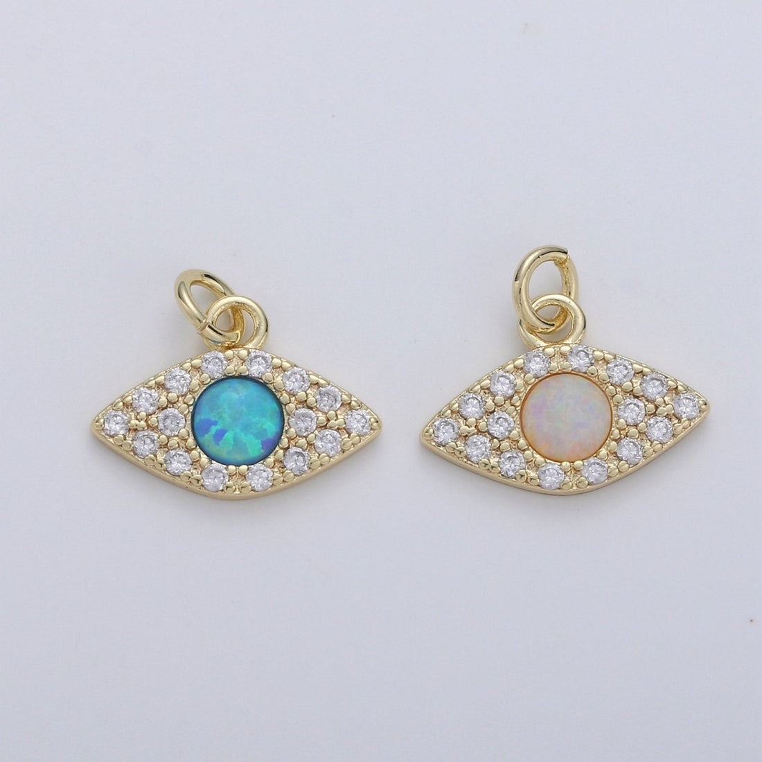 Dainty Opal Evil Eye Charm - 12x14mm Blue Moon Stone Charm 14k Gold Filled CZ Drop Charm Pendant, Cubic Evil Eye Protection Charm D-173 D-174