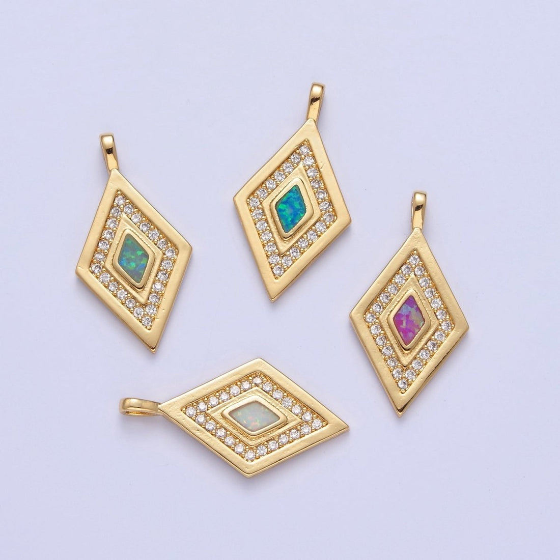Dainty Opal Rhombus Charm Micro Pave Geometric Pendant I-237 I-241 I-249 I-254