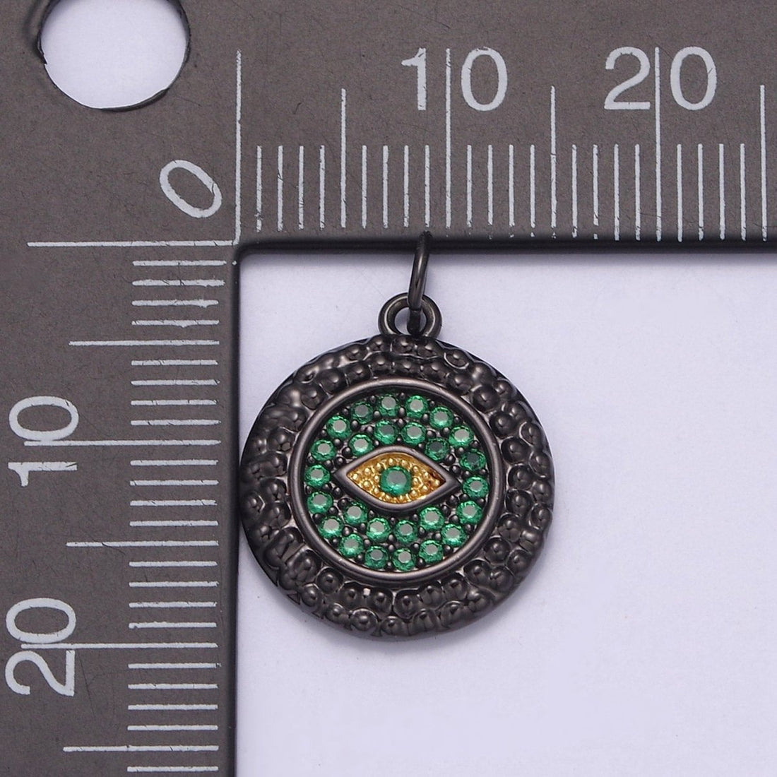 Dainty Pave black diamond Evil Eye Charm CZ Diamond Round Coin Charm Emerald Green Crystal N-832
