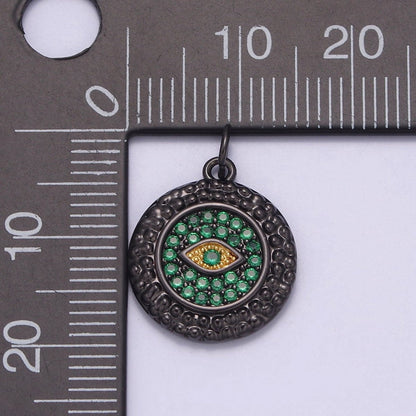 Dainty Pave black diamond Evil Eye Charm CZ Diamond Round Coin Charm Emerald Green Crystal N-832