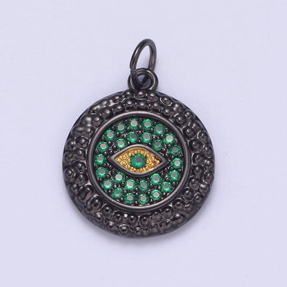 Dainty Pave black diamond Evil Eye Charm CZ Diamond Round Coin Charm Emerald Green Crystal N-832