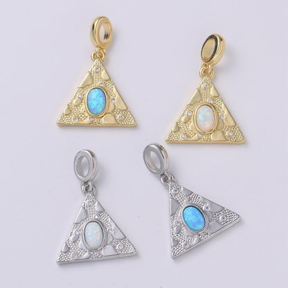 14K Gold Filled Blue, White Opal CZ Textured Triangle Drop Rondelle Pendant in Gold &amp; Silver | H307