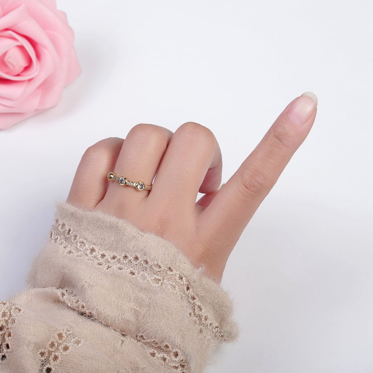 Dainty pink green clear stone ring stackable ring cubic cz gold ring  O-2111