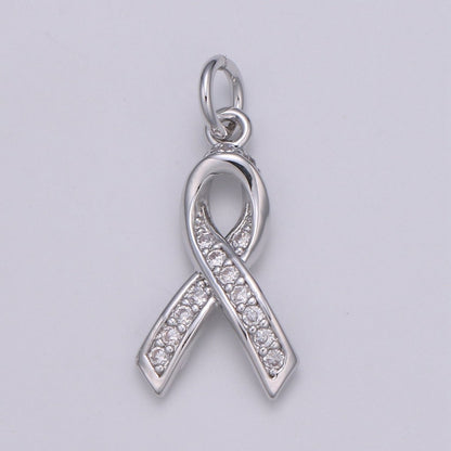 Dainty Pink Ribbon CZ Pave Charm Breast Cancer Awarness Pendant E-075